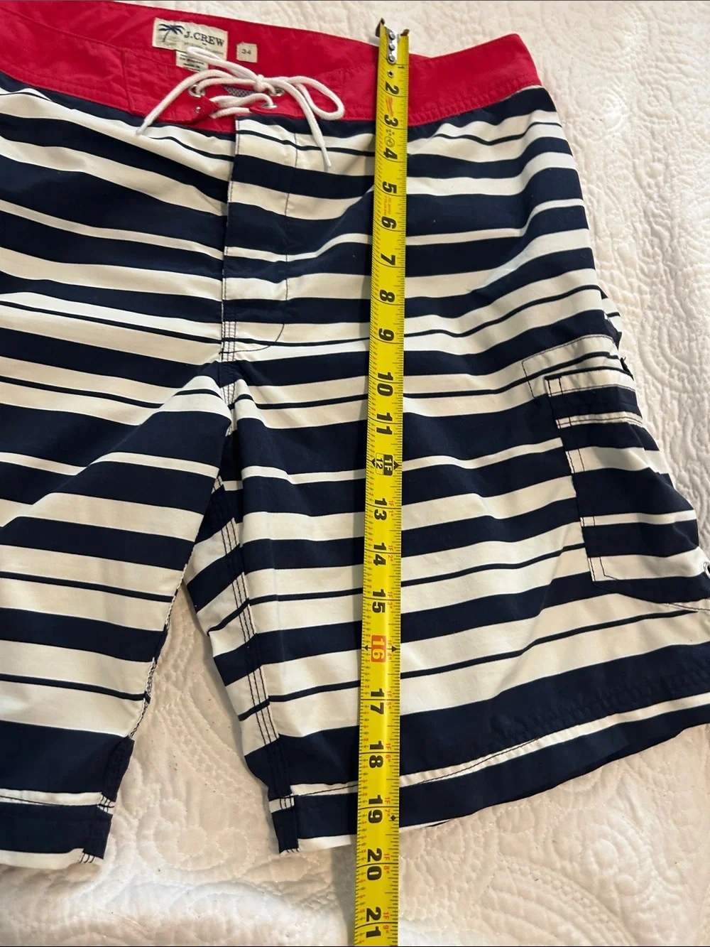 J. Crew Navy and White Striped Swim Trunks with Red Waistband Size 34